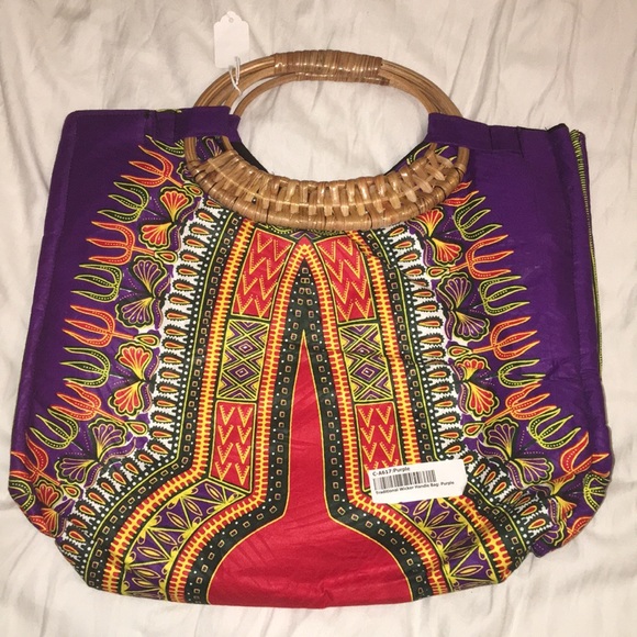 Kente cloth print tote with wicker handles - Picture 3 of 7